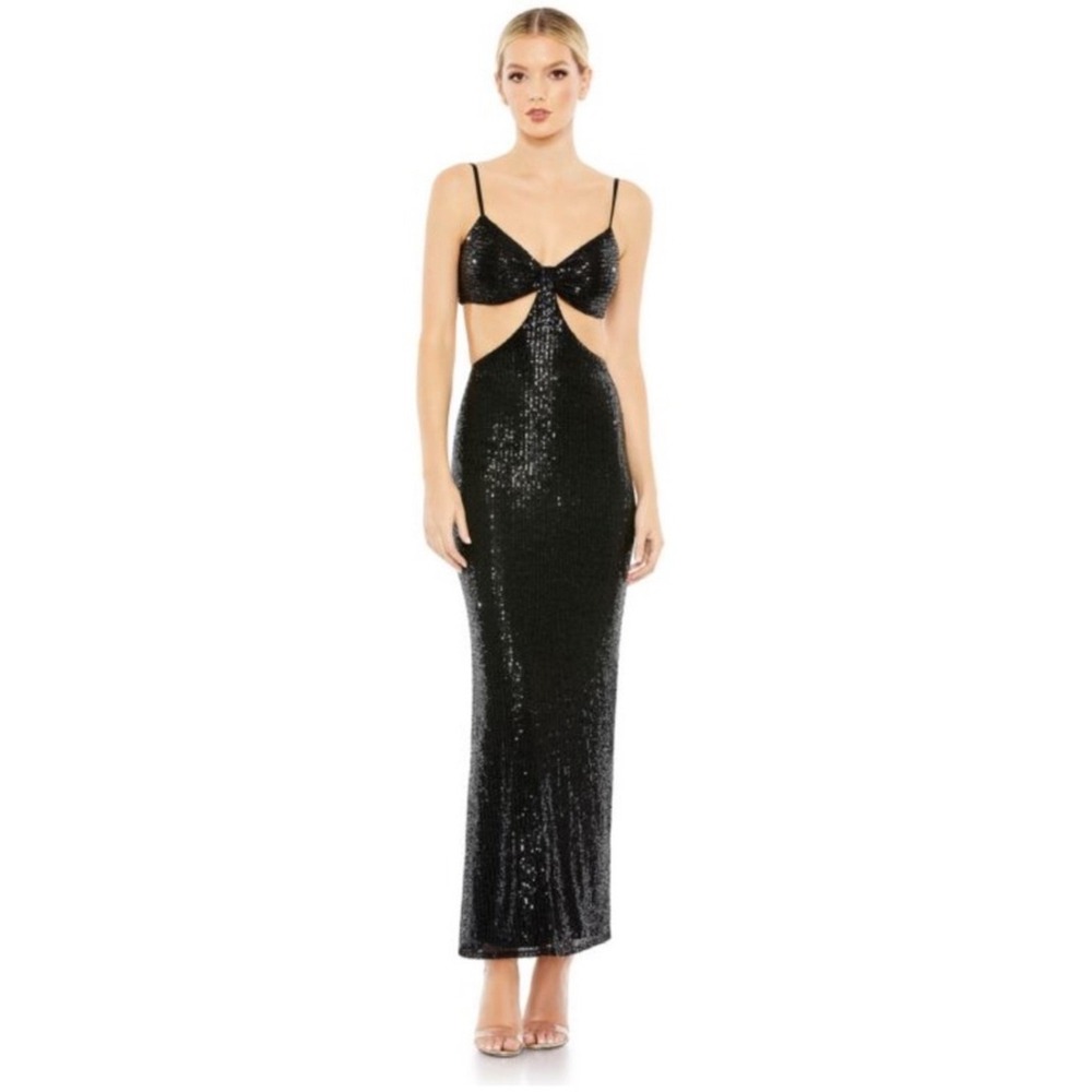 NWT leena for Mac Duggal 70130‎ Cutout Waist Sequin Midi Dress Black Sz 2 $398